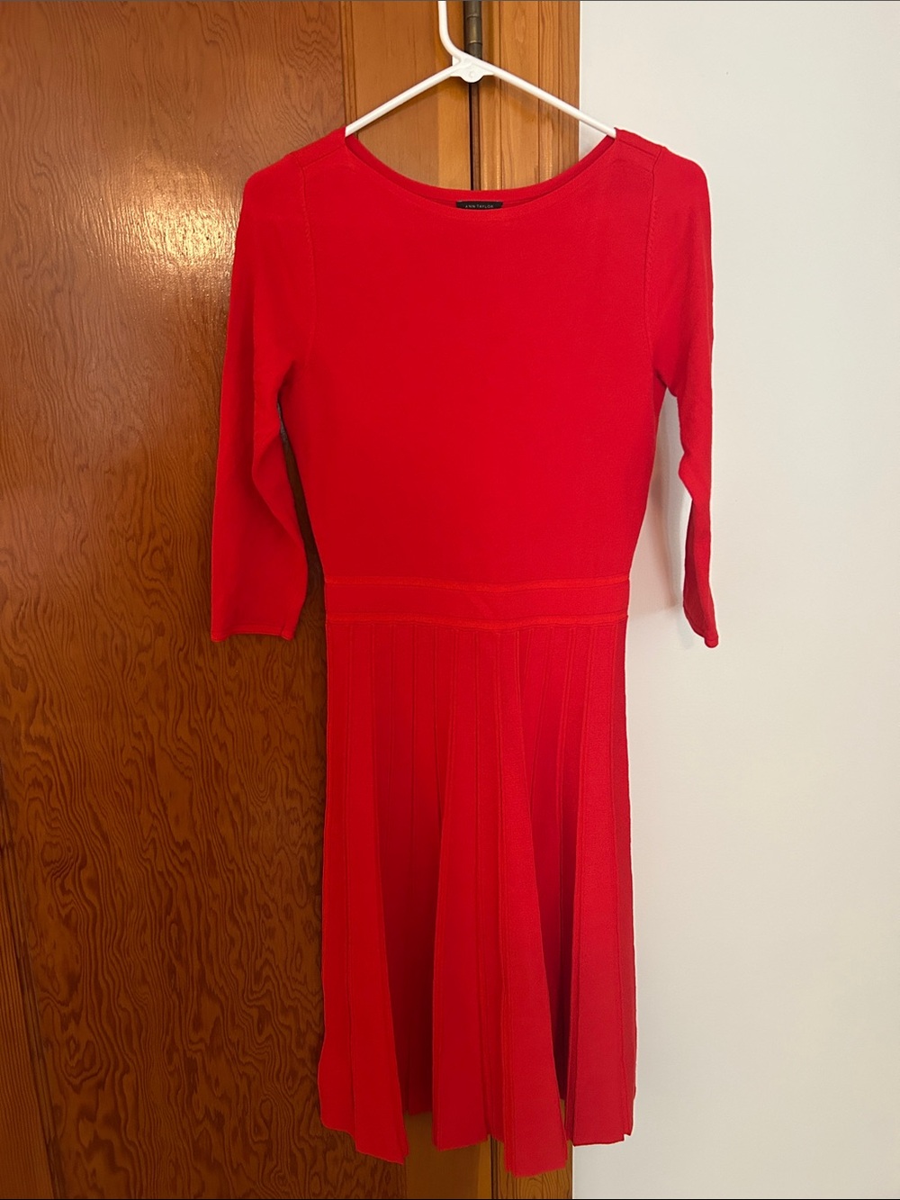Ann Taylor Red Long-Sleeve Fit-and-Flare Dress
